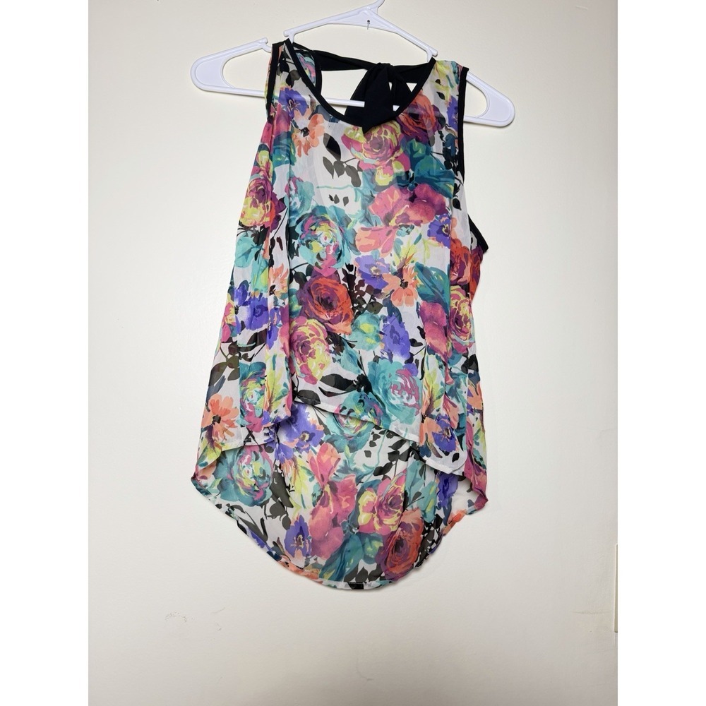 Y2K Bright Floral Tunic Tank Top Women's Boho Festival Fairycore M Vintage
